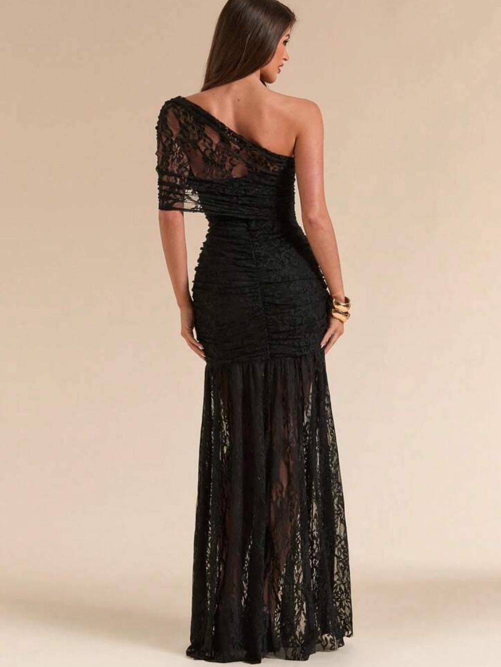 One-Shoulder Black Lace Evening Gown - Picture 2 of 7